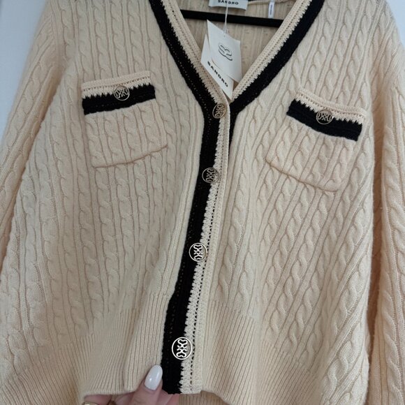 NWT Sandro Mercredi Cardigan Sweater Ecru Cable Knit V-Neck Wool Blend Contrast - Picture 6 of 10